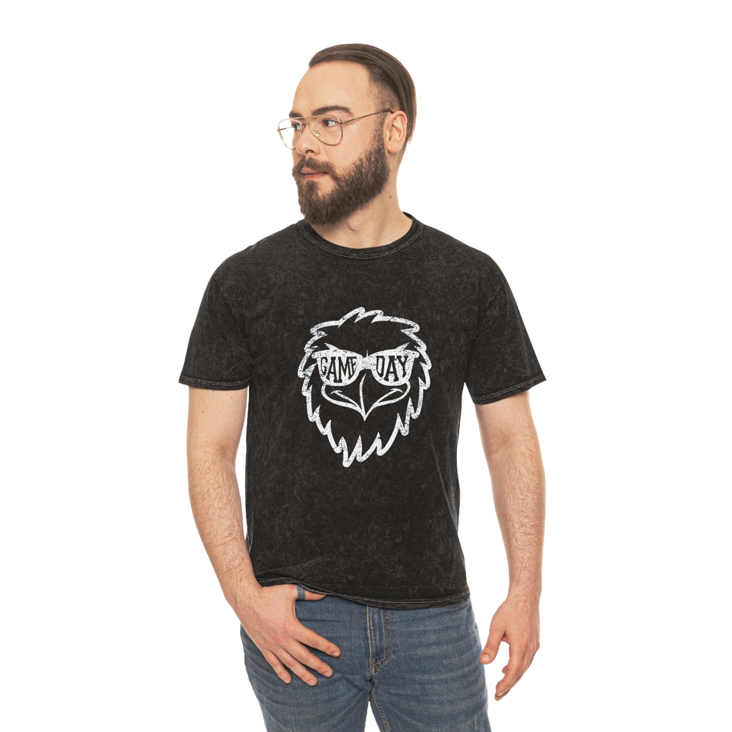 Game Day Eagle Glasses Mineral Wash T-Shirt - black